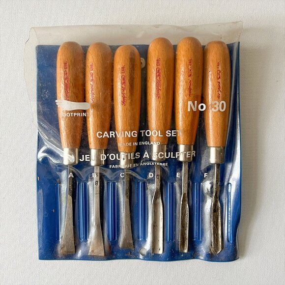 Vintage Footprint England 6 pc Wood Carving Chisel Set Woodworking Hand Tool - Picture 1 of 8